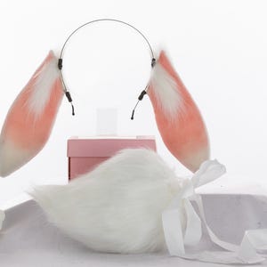 White pink bunny ear and tail set anime ears bunny ear rabbit ear and tail set bunny ears tail cosplay anime