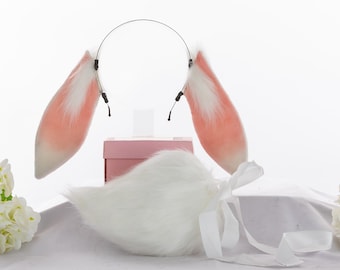 Pink & White Bunny Ears and Tail Set: Anime Cosplay