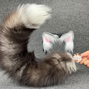 White Gray Real Fox and ears Tail Cosplay Anime Cute Animal Furry Fox Tail anime cosplay ear and tail fox cosplay