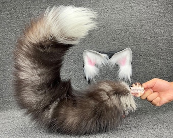 Real Fox Tail & Ears Set: White Gray Furry Cosplay