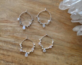 RIAH, handmade real silver earrings with moonstone, labradorite, rose quartz, freshwater pearls, elf jewellery