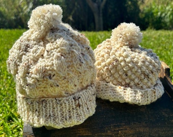 Hand Knit Chunky Cozy Beanies with Pom Poms | Sustainable Comfort for Newborns & Toddlers | Eco Friendly Yarn