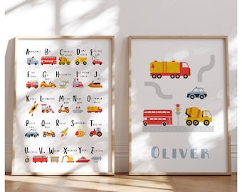 Set of 2 personalised and ABC cars vehicles prints, perfect for children bedroom, playroom, kids, baby nursery, boho, soft colours, scandi