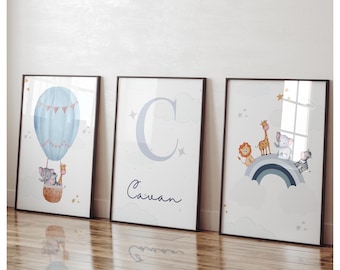 Set of 3  hot air balloon safari prints with quotes. Perfect for baby nursery, children’s bedroom or playroom. Personalised