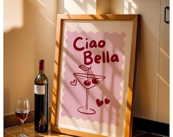 Cocktail, ciao bella  quote colourful print, kitchen,home, house, entrance hall print,boho