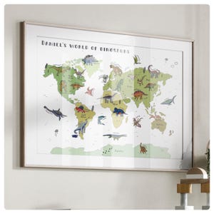 Gepersonaliseerde dinosauruswereldkaart, kinderkamer, babykamer, jungle, educatieve prints, wereldkaart, speelkamer, school