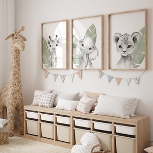 Safari black and white set of 3 prints, boho style, neutral, unisex, jungle, childrens bedroom, baby nursery, playroom, splash of colour