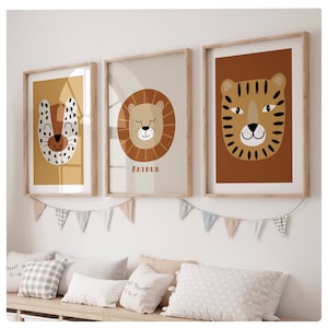 Set of 3 animal prints, , jungle theme, safari, personalised, tiger , lion, cute, neutrals, baby nursery, children’s bedroom, playroom,