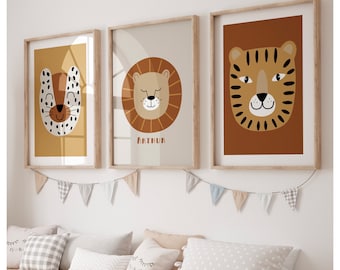 Set of 3 animal prints, , jungle theme, safari, personalised, tiger , lion, cute, neutrals, baby nursery, children’s bedroom, playroom,