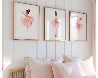 Set of 3 cute girly  ballerina prints, dance , childrens bedroom, playroom, baby nursery, boho, pink, dance,