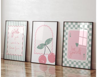 Sage and pink, cherry quote prints, cute style, set of 3, childrens bedroom, baby nursery, kids playroom, teenager, affirmations