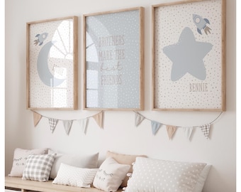 Set of 3 brothers, space themed, personalised, blue neutral, best friends quote, blue,dotty, baby nursery, children’s bedroom,playroom,