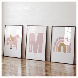 Set of 3 girls personalised unicorn and rainbow prints. Perfect for baby nursery, children’s bedroom or playroom. Personalised