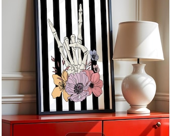 Skeleton, flowers,, emo, gothic, fun, funky, bright, music influenced, vintage, cute, Halloween