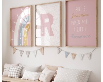 Set of 3 she is sunshine rainbow prints, personalised with initial and name, baby nursery, girls bedroom. Boho style. Dotty