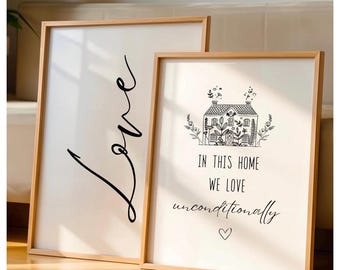 Set of 2 black and white prints, 1 A3 & 1 A4 prints, love quote and home quote, minimalist, simple, cute
