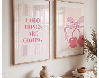 Set of 2, quote and cherry prints,  stylish, fashion bedroom, living room, hallway prints, kitchen, colourful, pink, neutrals