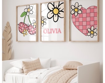 Retro cherry prints, girl power  SLAY,  personalised, retro style, set of 3, childrens bedroom, baby nursery, kids playroom, boho, bright