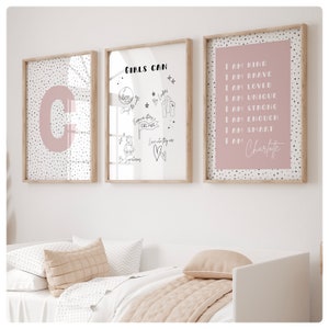 Set of 3 dusty pink girls I am/girls can be anything  prints with quote, children’s bedroom, baby nursery or playroom, pink