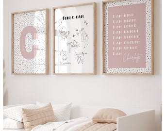 Set of 3 dusty pink girls I am/girls can be anything  prints with quote, children’s bedroom, baby nursery or playroom, pink