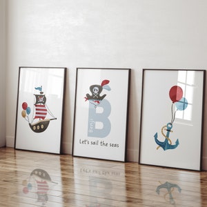 Pirate themed set of 3 prints, personalised, quote, sail the seas, boys, childrens bedroom, playroom, kids, baby nursery