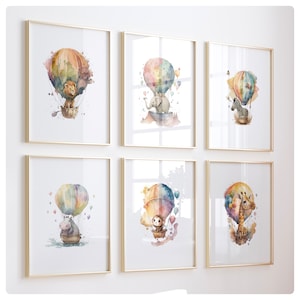 Set of 6 animal, hot air balloon prints, bright & colourful, baby nursery, children’s bedroom, playroom,