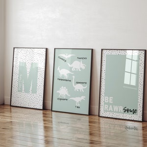 Set of 3 boys dinosaur prints with Dotty quote. Perfect for baby nursery, children’s bedroom or playroom. Blue and green