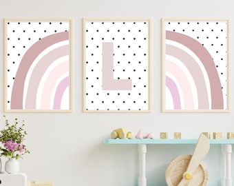 Set of 3 personalised rainbow prints, with any Initial. Available in 2 colours, boys, girls, boho, baby nursery, children’s bedroom,playroom