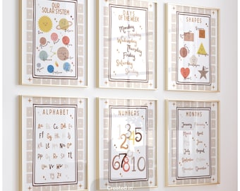 Set of 6 learning neutral prints, alphabet, shapes, bedroom, playroom, baby nursery, children’s, rainbow, quote, boho, educational