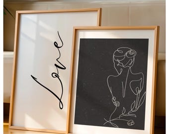 Set of 2 black and white prints, 1 A3 & 1 A4 prints, love quote and body one line, minimalist, simple, cute