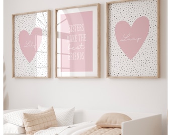 Personalised sisters make the best friends set of 3 prints, baby nursery, playroom or children’s bedroom. Heart, Dotty, sibling prints,