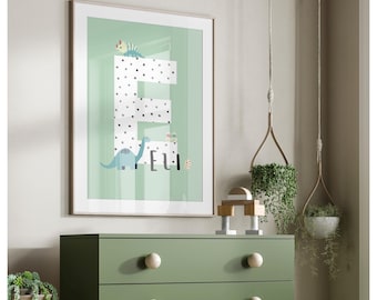 Personalised Dotty initial & name dinosaur print in green or pink, boy or girl, Baby nursery, children’s bedroom and playroom prints