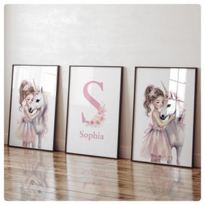 Set of 3 girls personalised unicorn and girl prints. Perfect for baby nursery, children’s bedroom or playroom. Personalised