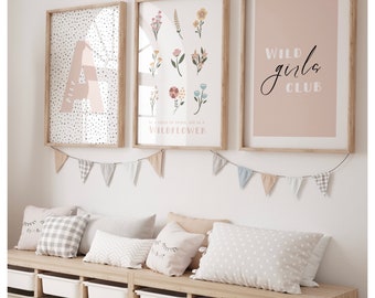 Set of 3 wildflower, wild girls club prints, personalised with initial and name, pink, baby nursery, girls bedroom. Boho style. Dotty
