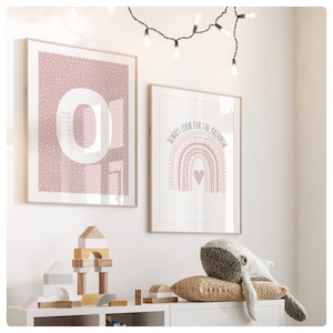 Conjunto personalizado de 2 impresiones con cita "Busca siempre el arcoíris", rosa oscuro, habitación de bebé, dormitorio infantil, sala de juegos, niñas, arcoíris