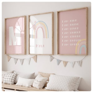Set of 3 I am affirmation prints, personalised with initial and name, baby nursery, girls bedroom. Boho style. Dotty