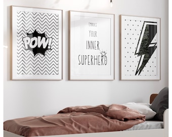 Set of 3 comic superhero style prints, perfect for baby nursery, children’s bedroom or playroom, superhero mad, black and white, comic,quote