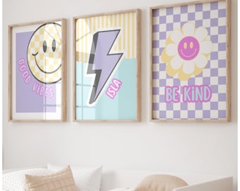 Retro quote personalised prints, good vibes, be kind retro, set of 3, childrens bedroom, baby nursery, kids playroom, boho, bright