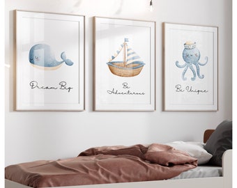 Set of 3, ocean prints, whale, boat, octopus, boho style childrens bedroom, nursery, sea, blue, scandi, playroom, quote prints