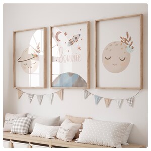 Set of 3 girls space prints, baby nursery, newborn, children’s bedroom, playroom, planet, boho, neutral, personalised, cute, pretty, earth,