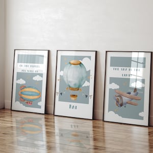 Set of 3 boys hot air balloon prints with quotes. Perfect for baby nursery, children’s bedroom or playroom. Personalised