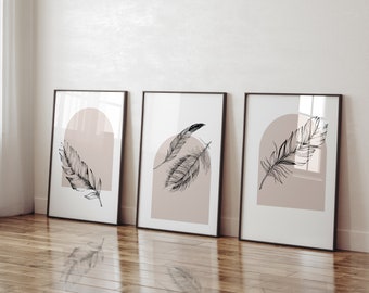 Set of 3, boho feather prints, neutral,. Black and white, Living room, bedroom, office, kitchen, scandi, indie