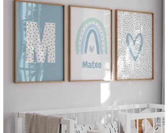 Set of 3 personalised dotty Initial, name with rainbow & heart prints, in both blue and pink. Baby nursery/children&#39;s bedroom prints