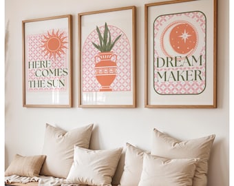 Set of 3, Bright prints, orange and pink, love, stylish, fashion bedroom, living room, hallway prints, abstract, colourful