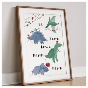 Cute Christmas dinosaur print, childrens, bedroom, playroom, boho, bear, Christmas spirit
