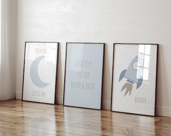 Set of 3 personalised space prints, rocket, moon neutral blue, childrens bedroom, playroom, baby nursery, kids, boys, blue