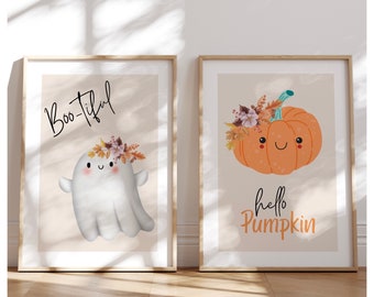 May include: Two printable Halloween-themed illustrations. The first features a white ghost with a floral crown and the text "Boo-tiful". The second features a smiling orange pumpkin with a floral crown and the text "hello pumpkin".