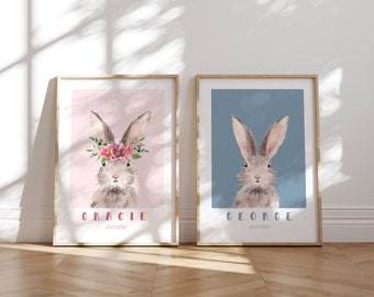 Personalised rabbit print, boys or girls bedroom, playroom, nursery, toddler, baby, cute, cool, blue, pink, boho