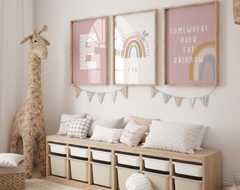 Set of 3 somewhere over the rainbow prints, personalised with initial and name, baby nursery, girls bedroom. Boho style. Dotty
