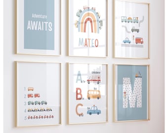 Set of 6 car, vehicle prints, educational, alphabet,numbers, personalised, baby nursery, children’s bedroom, playroom,